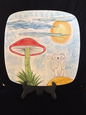 SECLA of Portugal Vintage Hand-Painted Decorative Plate with Red Mushroom & Cat